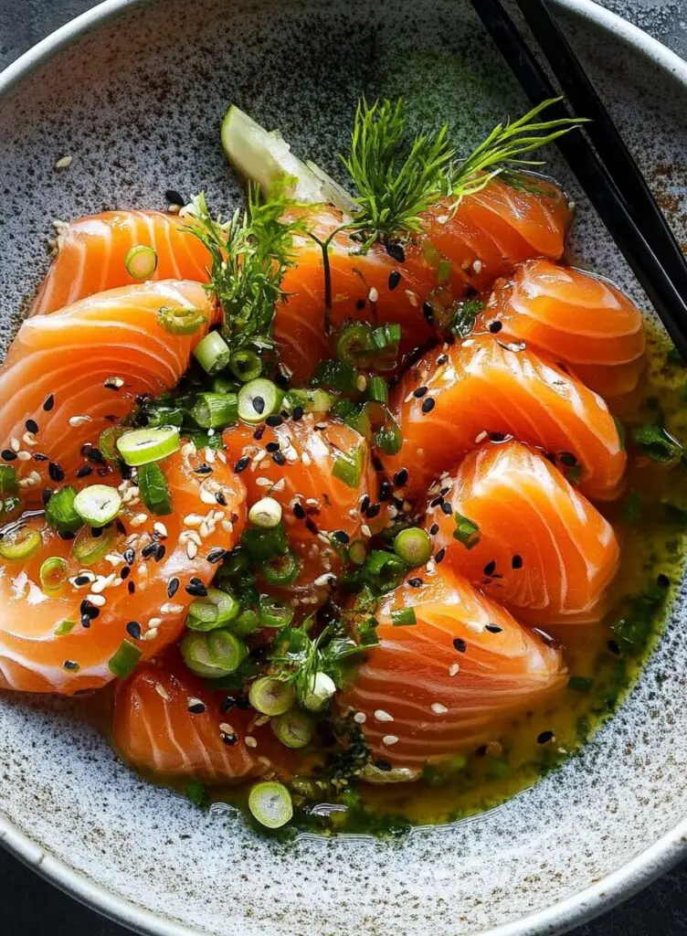 Salmon Crudo with Spicy Scallions Sauce and Crispy Carrots