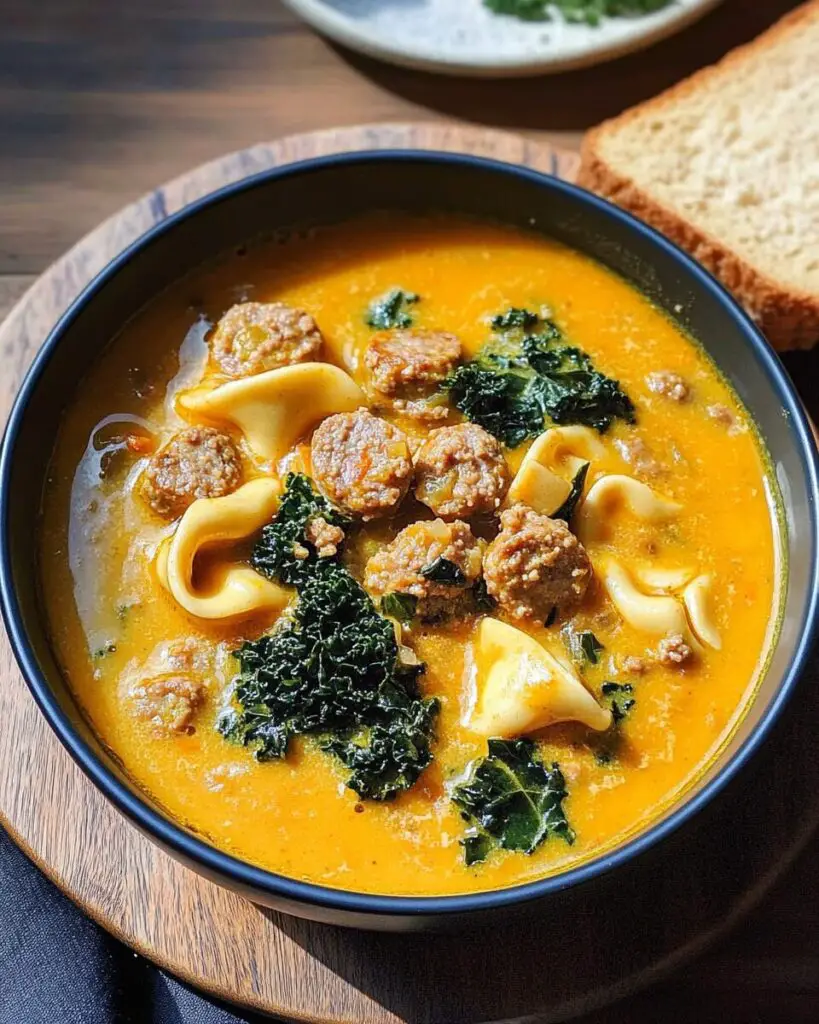 Creamy Sausage Pumpkin Soup with Tortellini and Kale