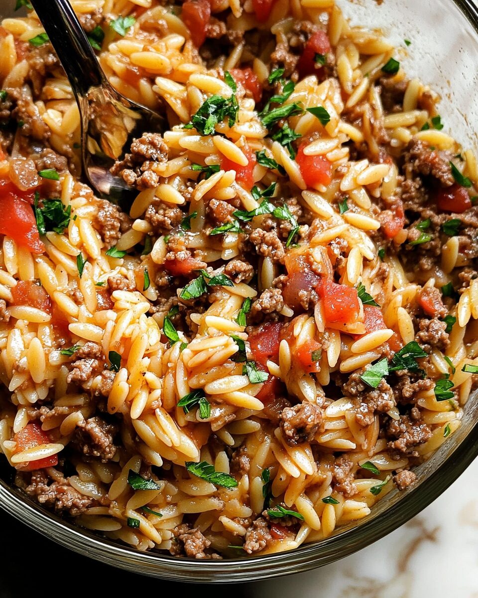Cheesy Ground Beef and Orzo Skillet