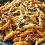Cheesy Beef Stroganoff Penne in Velveeta Sauce