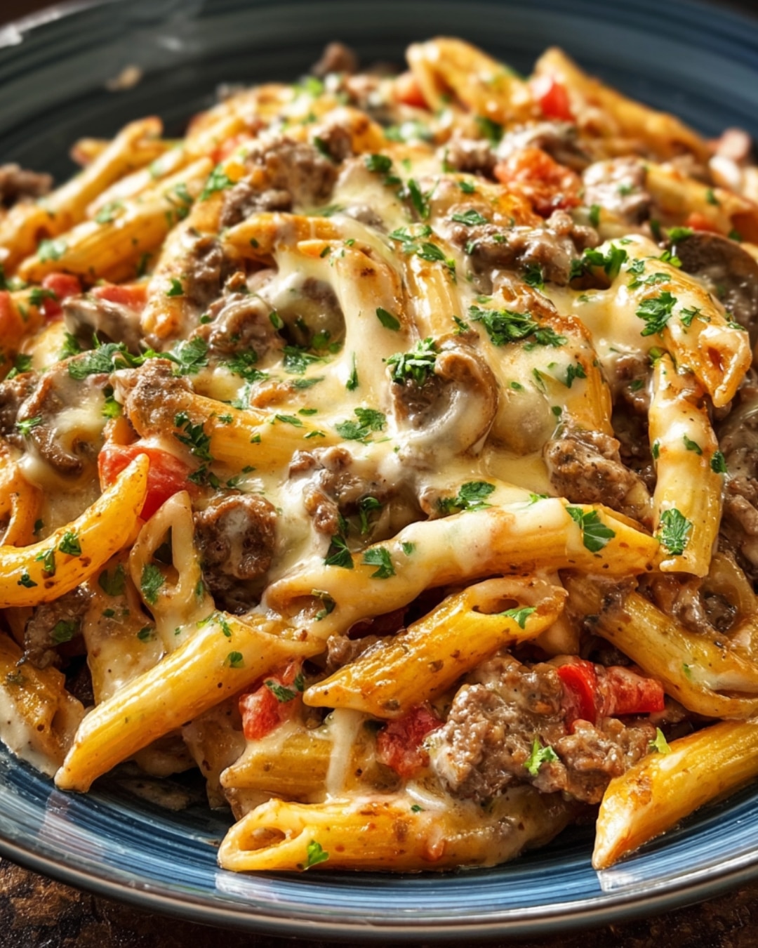 Cheesy Beef Stroganoff Penne in Velveeta Sauce
