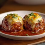Cheesy Baked Meatballs with Tomato Sauce & Potatoes