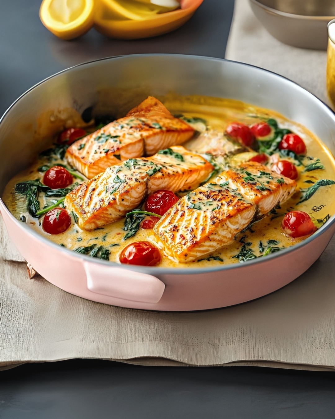 Creamy Garlic Butter Salmon with Spinach and Tomatoes