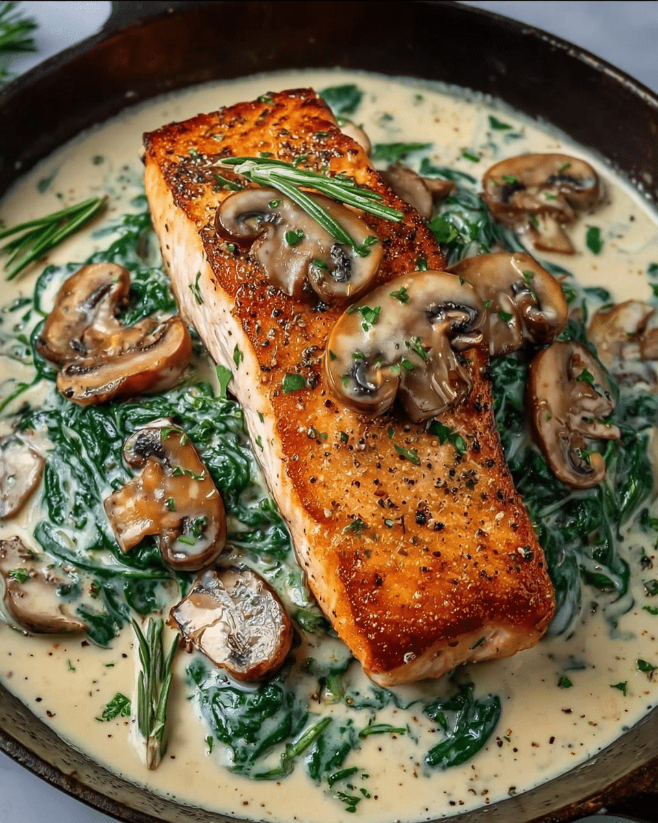 Garlic Butter Salmon with Spinach & Mushrooms in Creamy Sauce