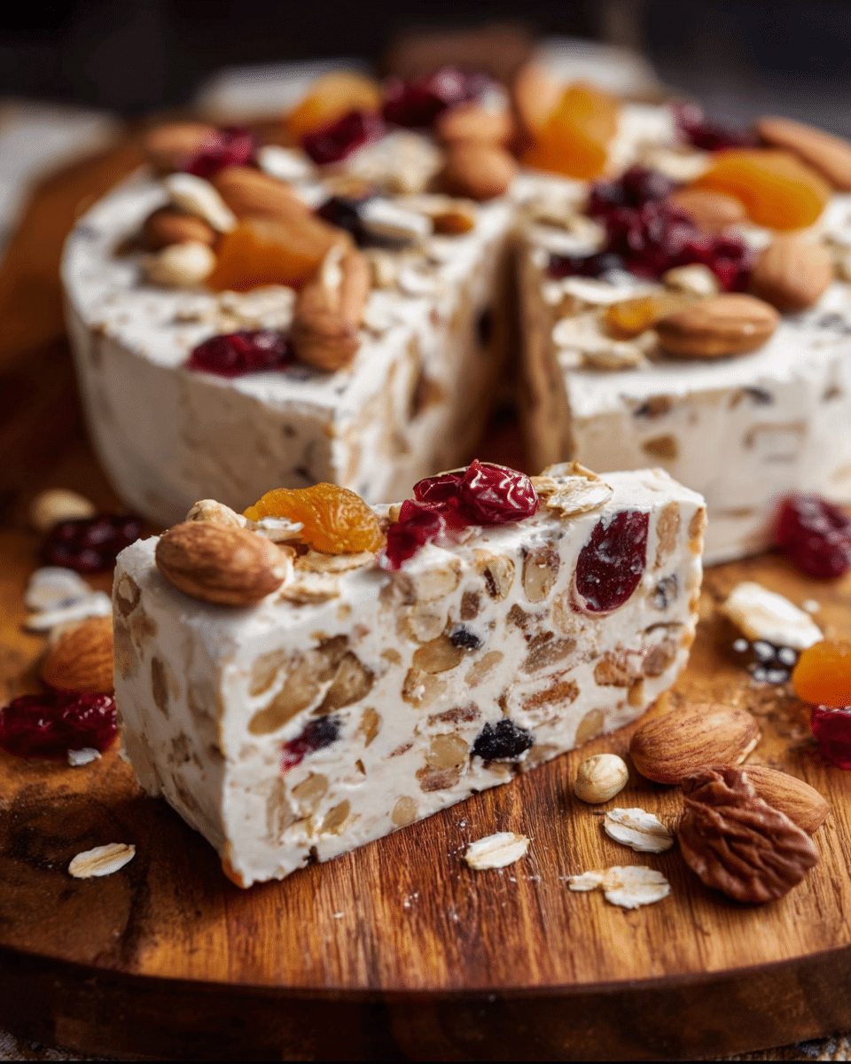 No-Bake Oat, Fruit, and Nut Yogurt Cake with Honey-Lemon Drizzle