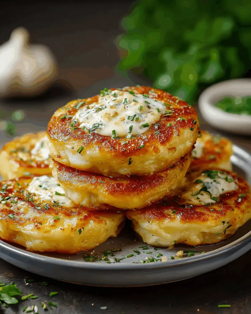 Cheesy Stuffed Potato Pancakes with Creamy Garlic-Herb Sauce