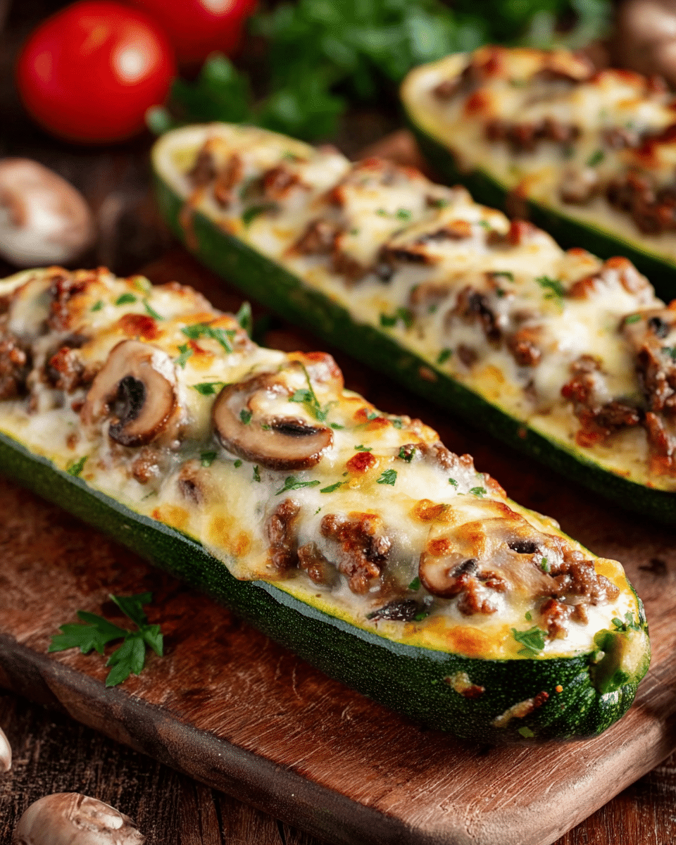 Mushroom and Cheesy Ground Meat Stuffed Zucchini Boats