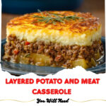 Layered Potato and Meat Casserole with Pickled Onion Topping