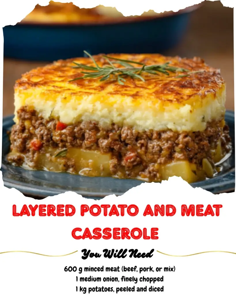 Layered Potato and Meat Casserole with Pickled Onion Topping