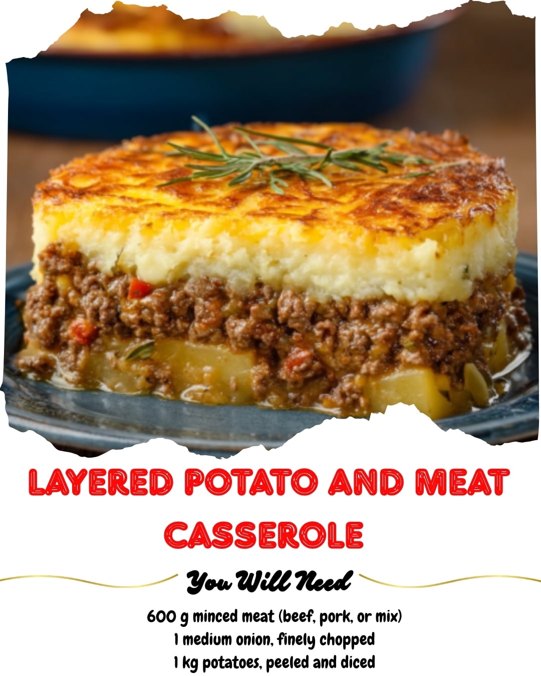 Layered Potato and Meat Casserole with Pickled Onion Topping