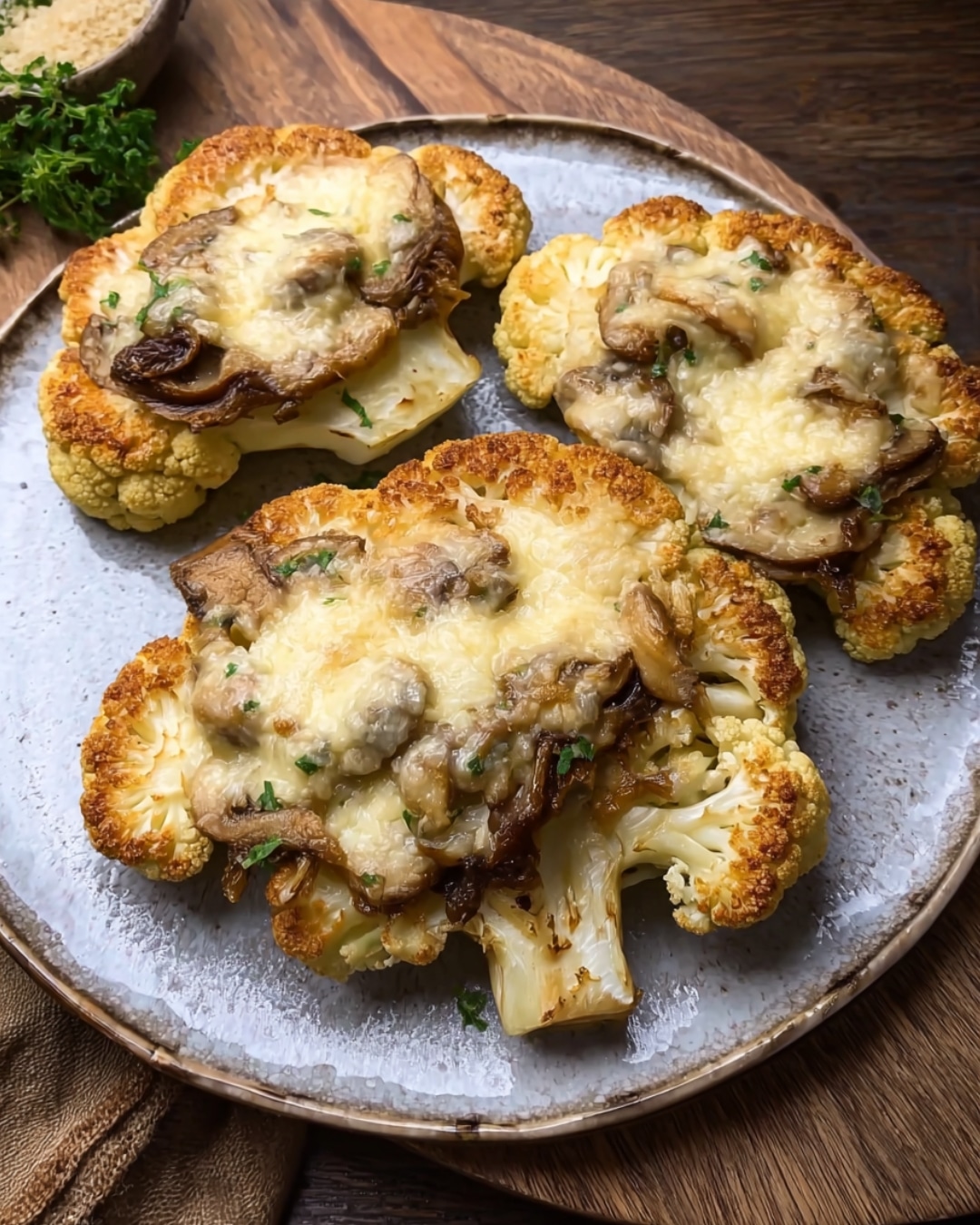 Cauliflower Steaks with Mushroom Thyme Filling and Parmesan