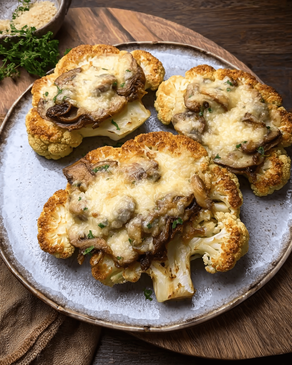 Cauliflower Steaks with Savory Mushroom Cheese Toppings