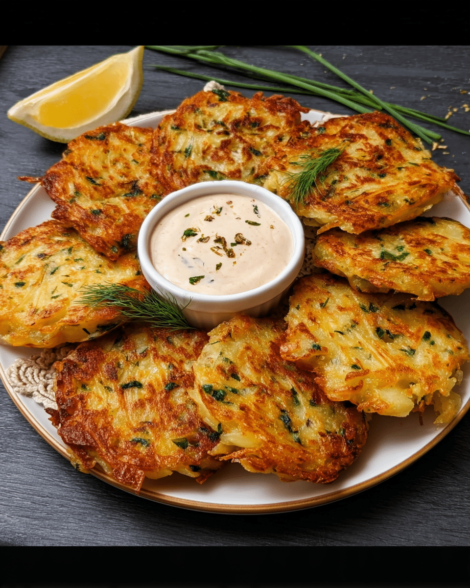 Crispy Vegetable Fritters with Creamy Garlic-Dill Sauce
