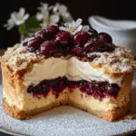 Flaky Cherry Crumble Cake with Meringue & Creamy Yogurt Topping