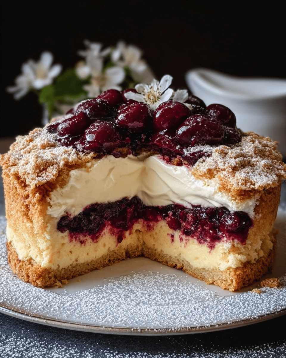 Flaky Cherry Crumble Cake with Meringue & Creamy Yogurt Topping