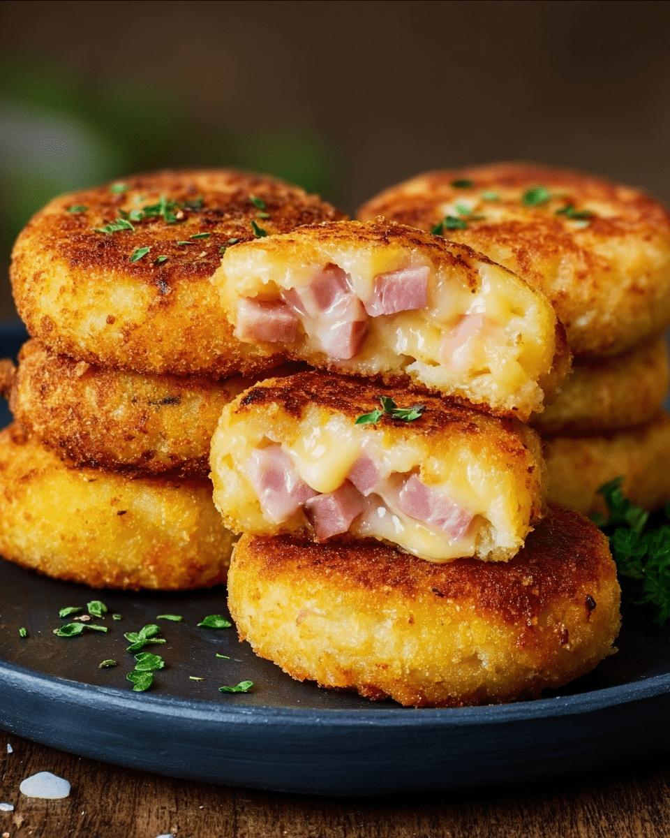 Crispy Potato Cakes Stuffed with Ham & Cheese
