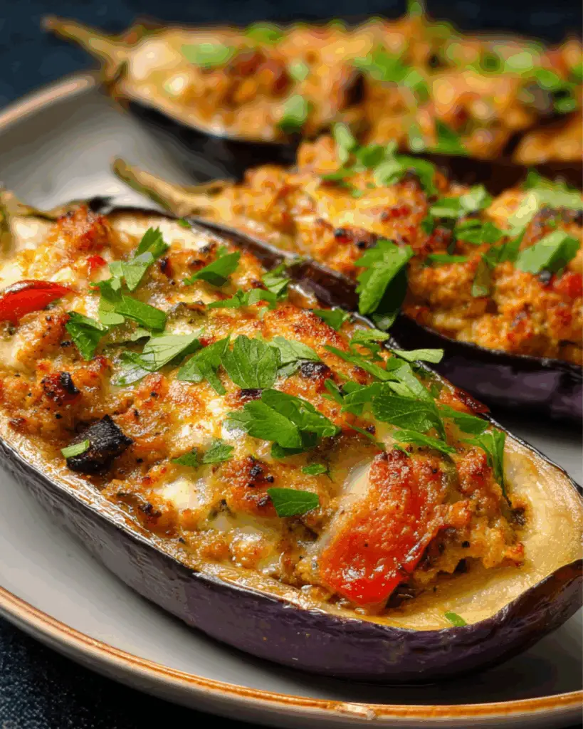 Eggplant Boats Stuffed with Chicken and Cheese