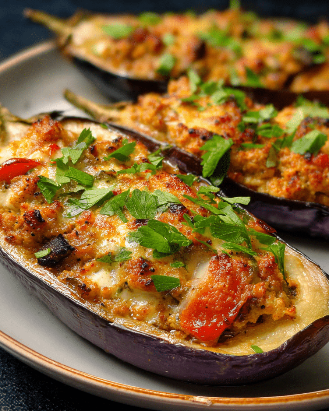 Eggplant Boats Stuffed with Chicken and Cheese