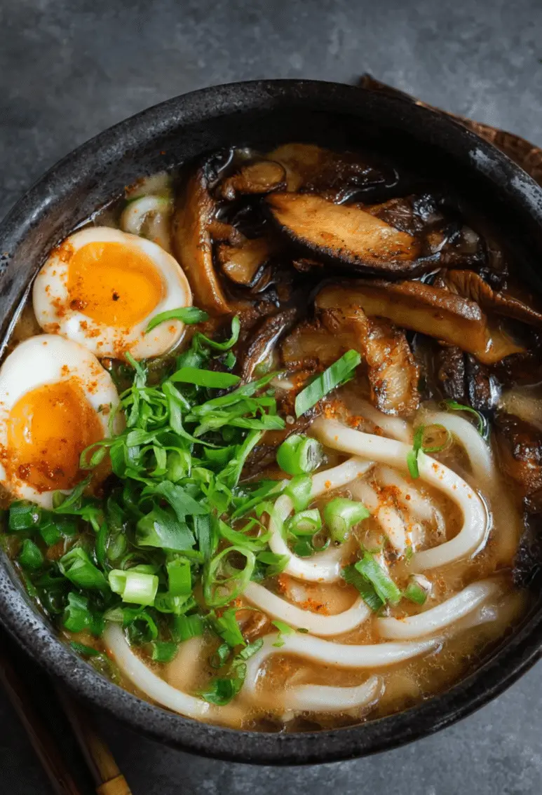 Miso Udon Noodle Soup with Teriyaki Mushrooms