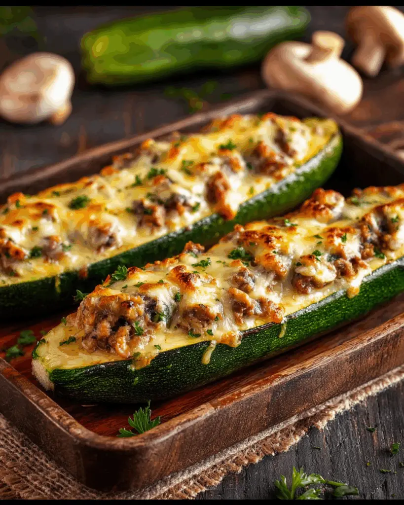 Baked Stuffed Zucchini Boats – Mushroom & Meat Filling