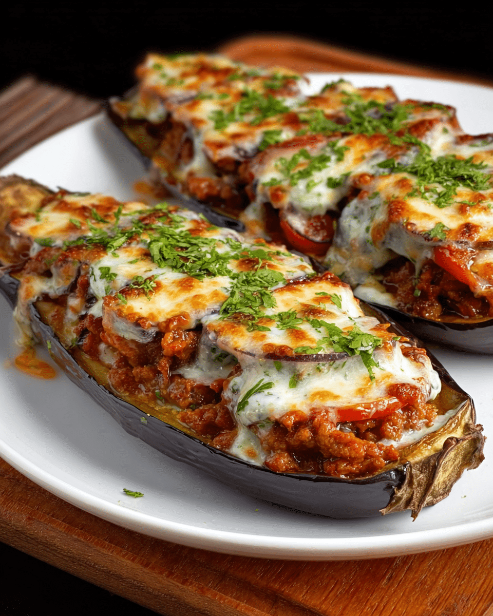 Baked Stuffed Eggplants with Ground Meat & Yogurt Sauce