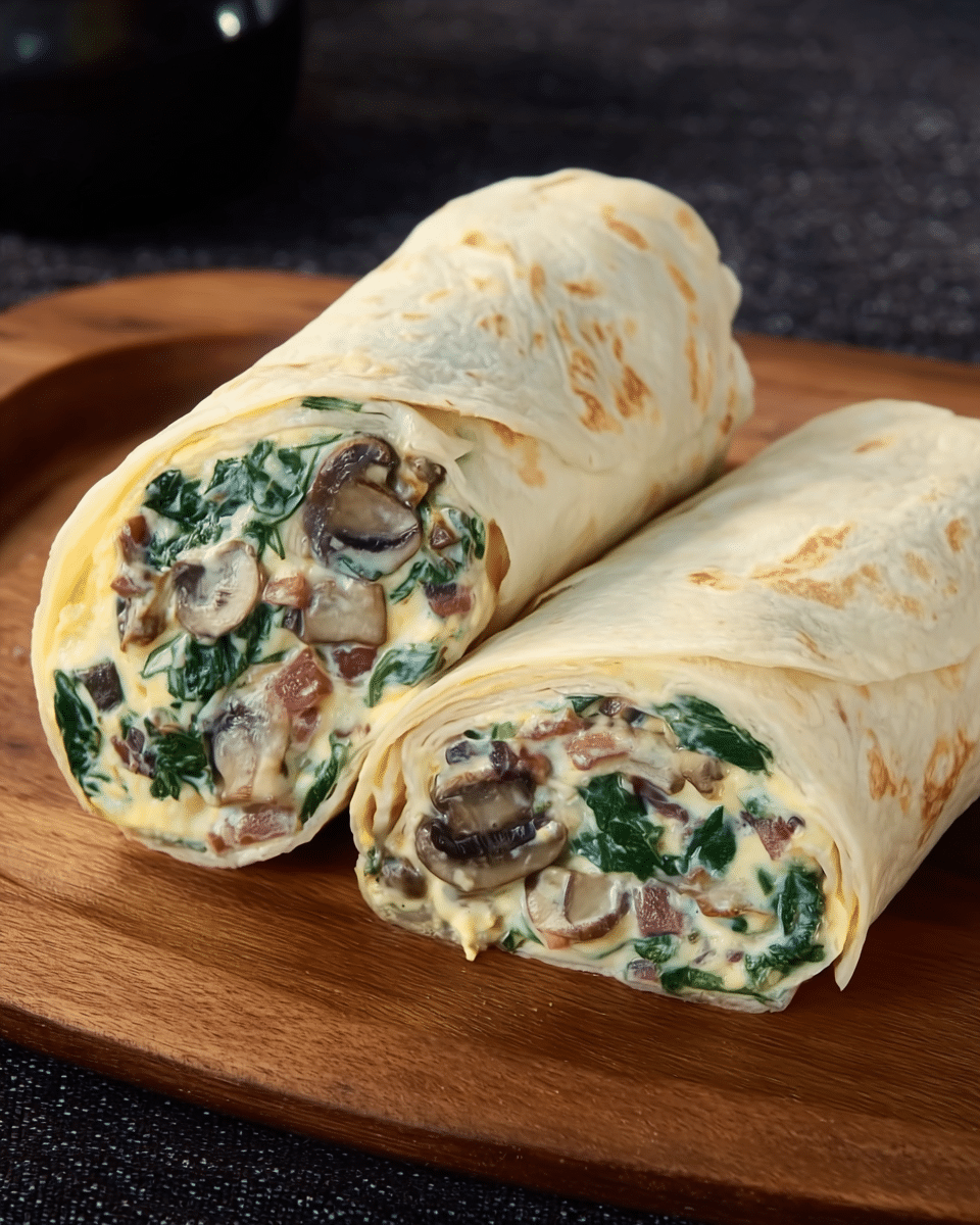 Breakfast Tortilla Wrap with Spinach, Mushroom & Bacon