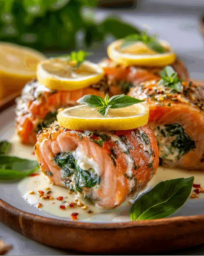 Lemon Basil Spinach & Cheese Stuffed Salmon Rolls