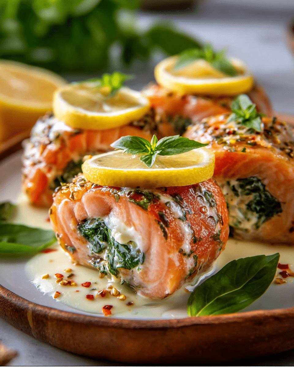 Lemon Basil Spinach & Cheese Stuffed Salmon Rolls